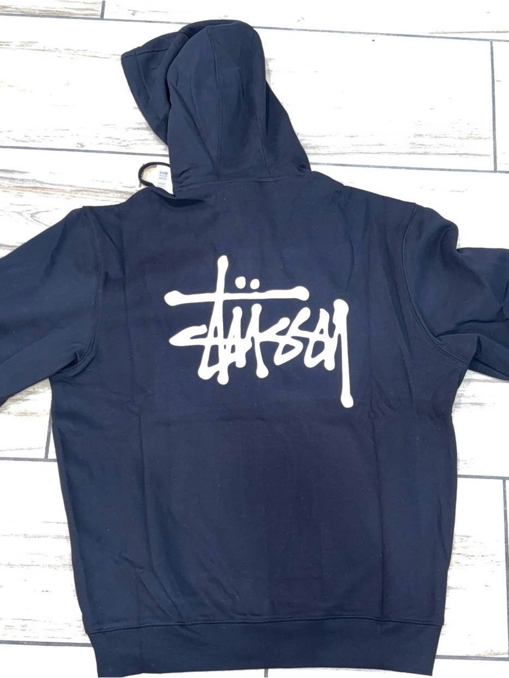 Stussy Black Zip Hoodie with White Back Script Logo